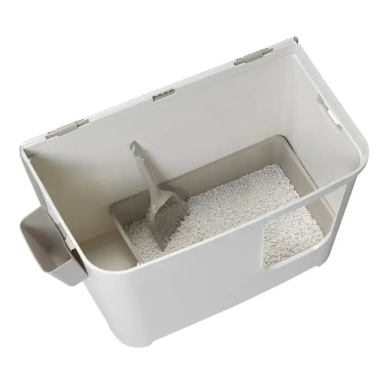 Pet food storage container with scoop, designed for easy access and organization.