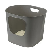 Gray storage bin with a cut-out window, perfect for organizing pet supplies or litter.