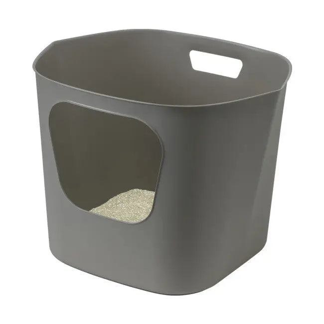 Gray storage bin with a cut-out window, perfect for organizing pet supplies or litter.