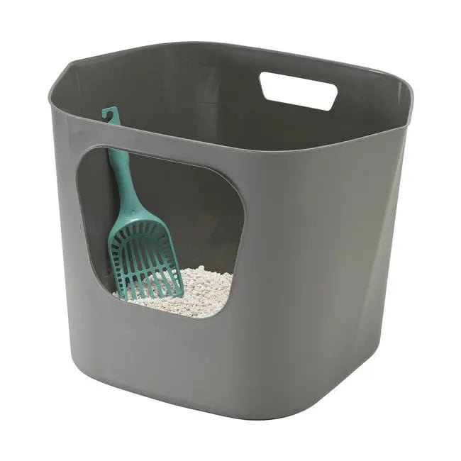Gray litter box with a scoop, featuring a cut-out window for easy access and cleaning.