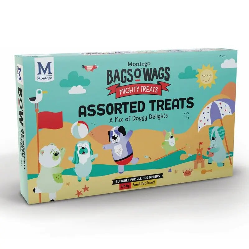 Assorted dog treats box featuring playful animal characters and vibrant beach theme.