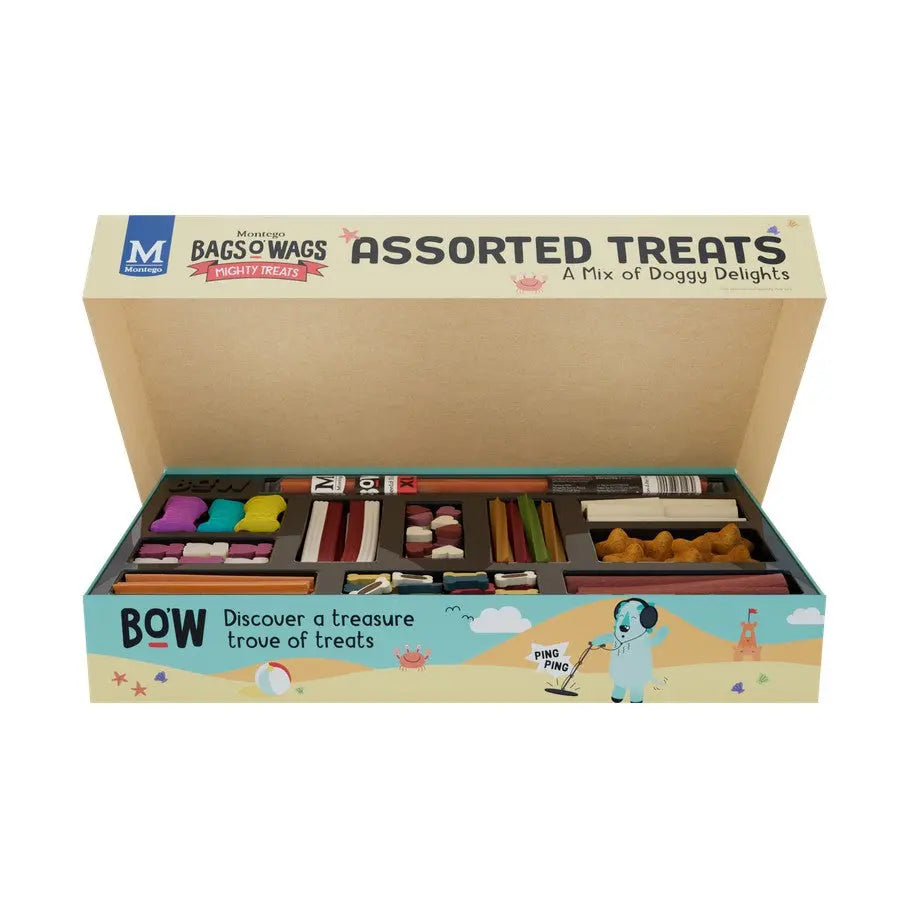 Assorted dog treats box featuring a variety of flavors and textures for happy, healthy pets.