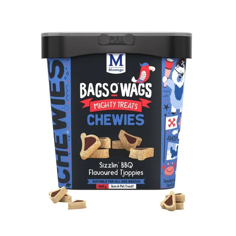 Bags O' Wags BBQ-flavored chewy dog treats in a convenient tub for all dog breeds.