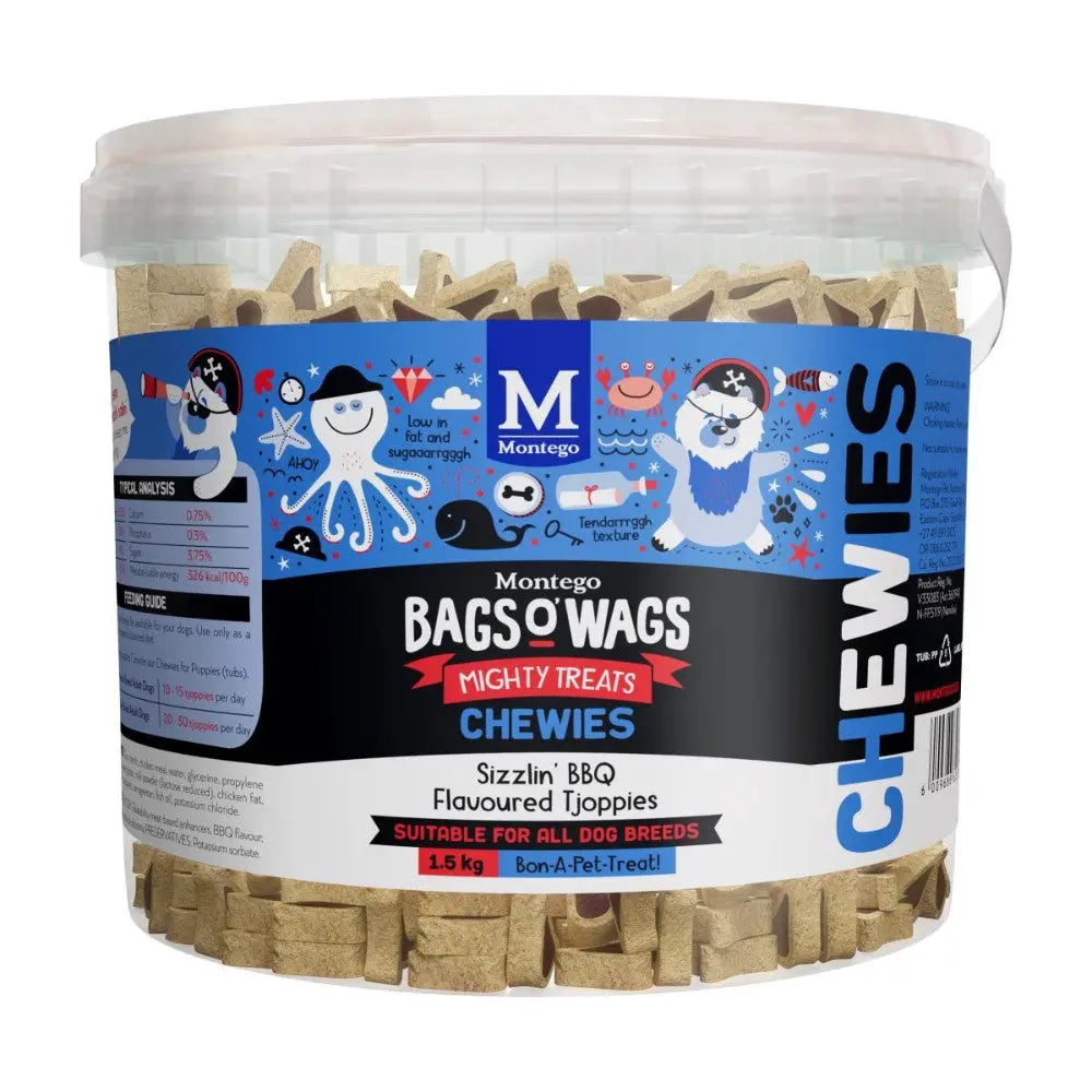 Montego Bags Wags Chewies, Sizzlin' BBQ flavored dog treats in a 1.5 kg container.