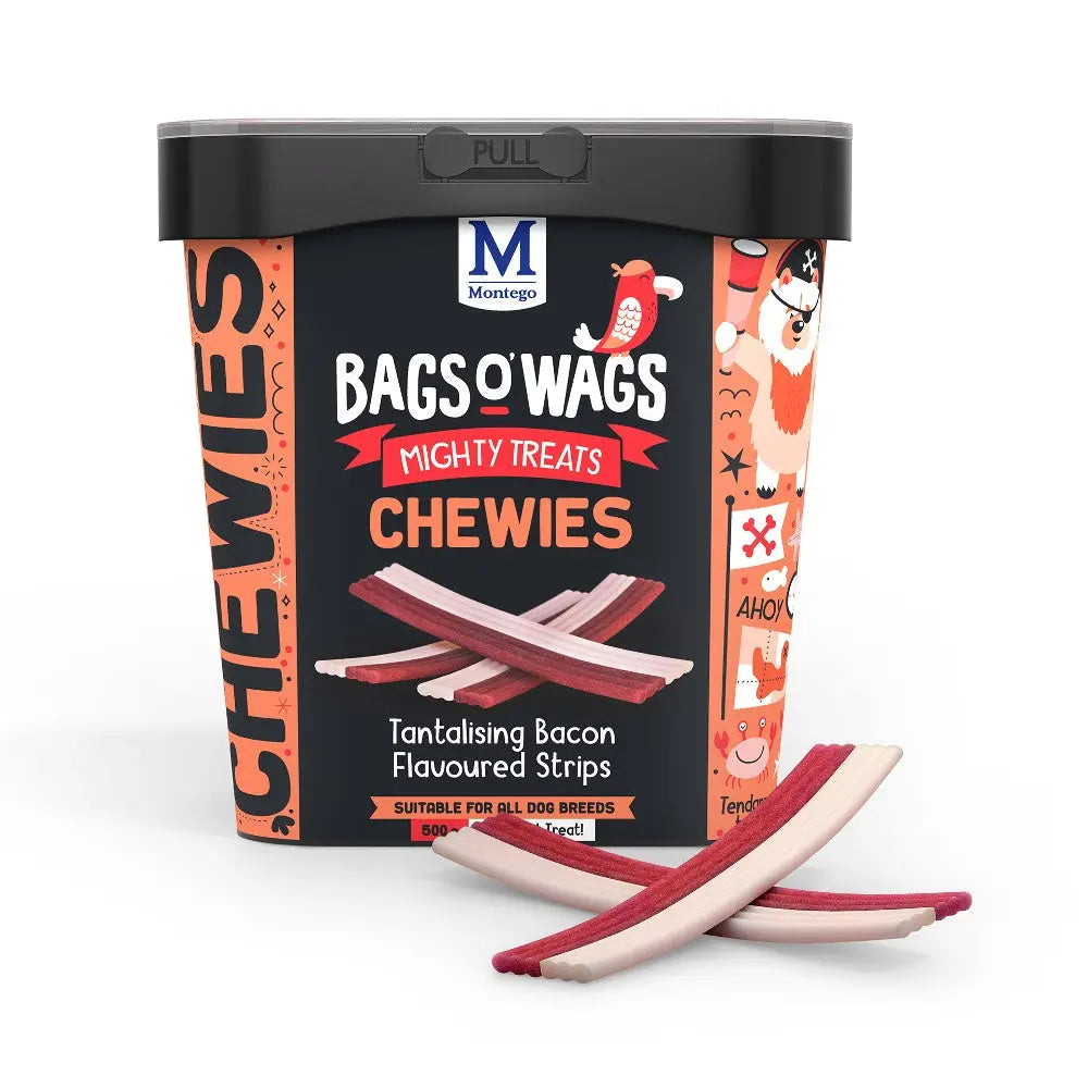 Bags O' Wags Chewies: Tantalising bacon-flavored strips for all dog breeds in a convenient tub.