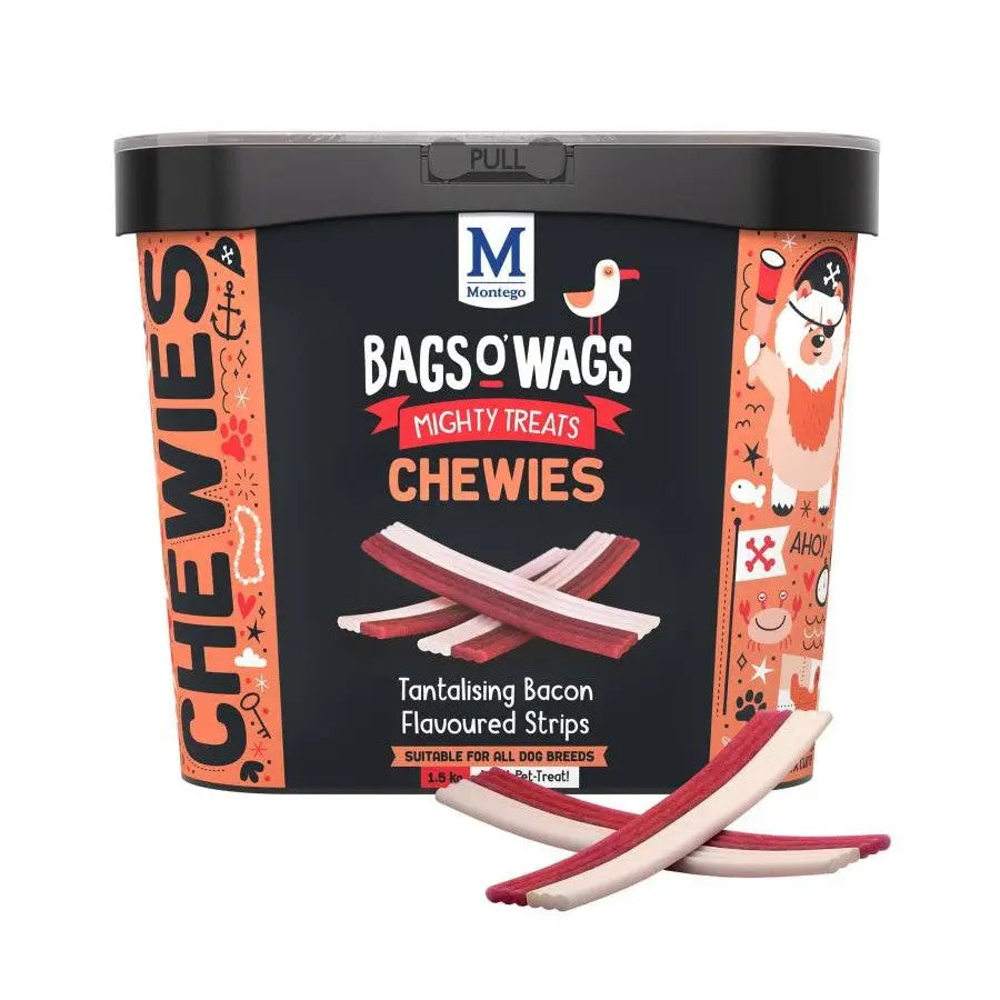 Bags O' Wags bacon-flavored chewy treats for dogs in a colorful container.
