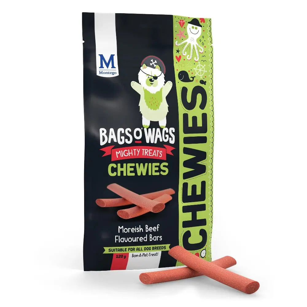 Bags O' Wags Mighty Treats Chewies, beef-flavored dog treats in a resealable package.