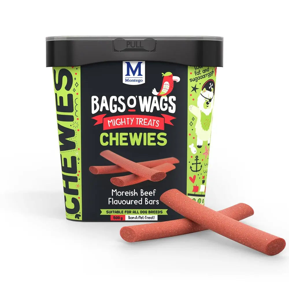Bags O' Wags Chewies, beef-flavored dog treats in a colorful container, perfect for all dog breeds.