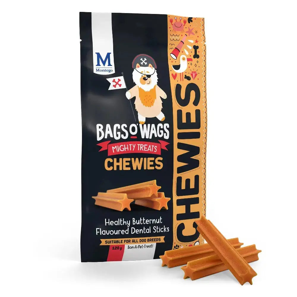 Healthy butternut-flavored dental sticks for dogs in a vibrant packaging.