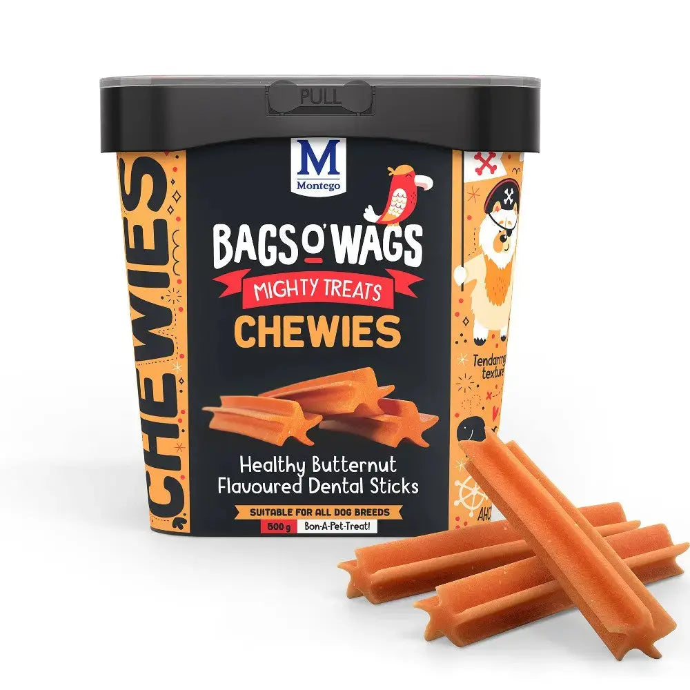 Healthy butternut-flavored dental sticks for dogs in a convenient treat bucket.