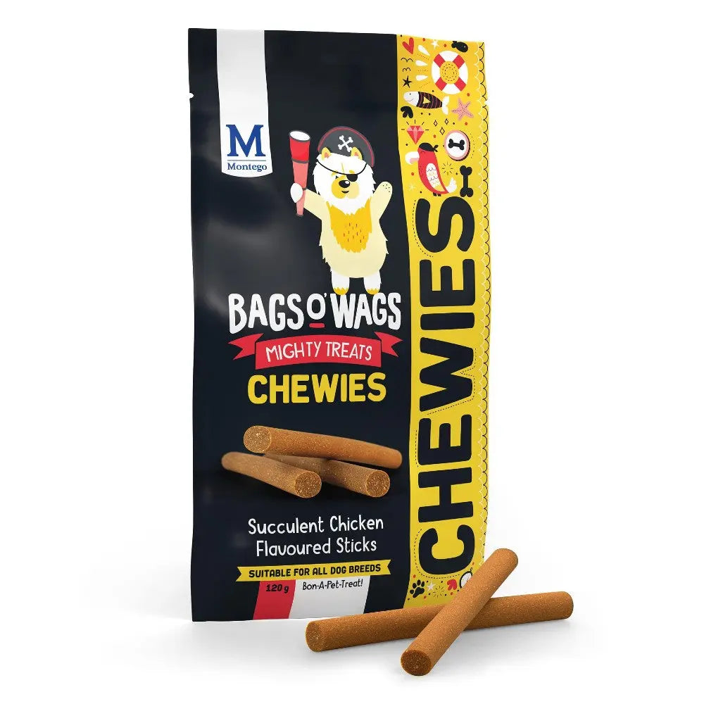 Bags O' Wags Chewies: succulent chicken-flavored dog treats in a vibrant packaging.