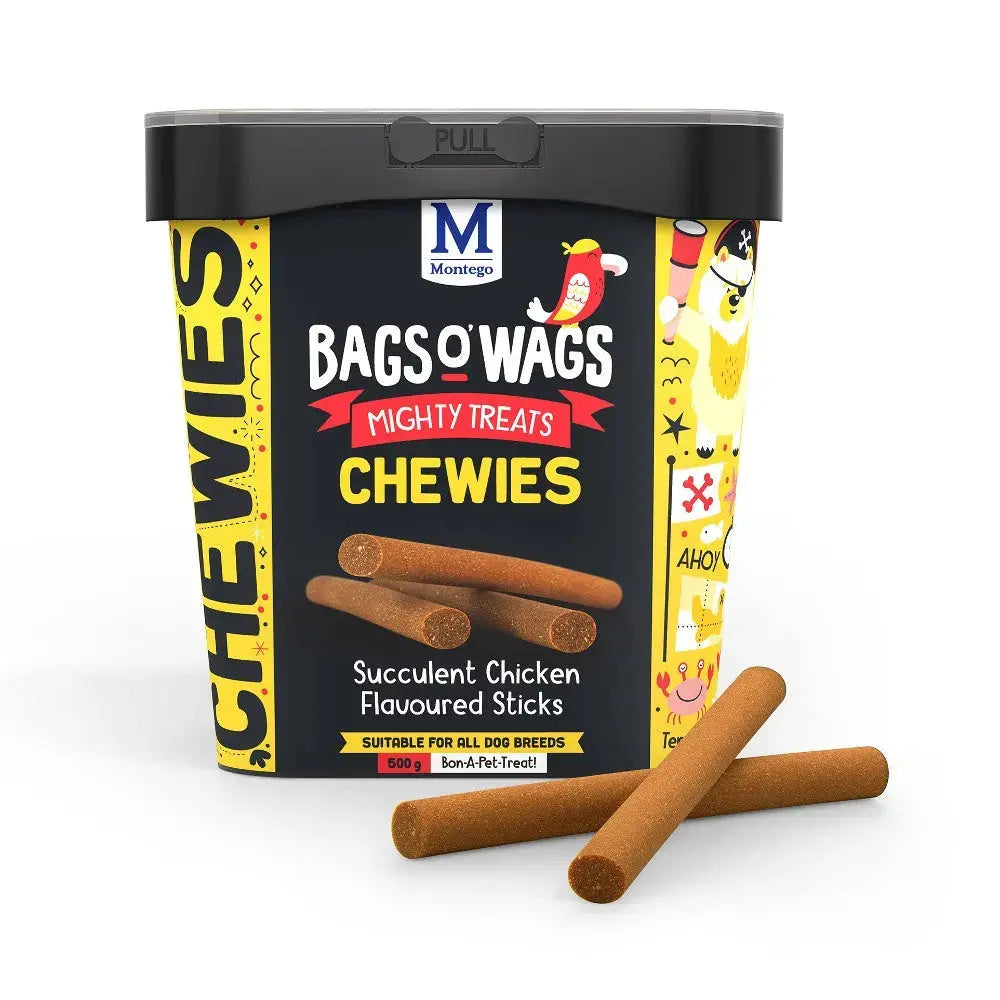 Bags O' Wags Chewies, chicken-flavored dog treats in a colorful container, perfect for all dog breeds.