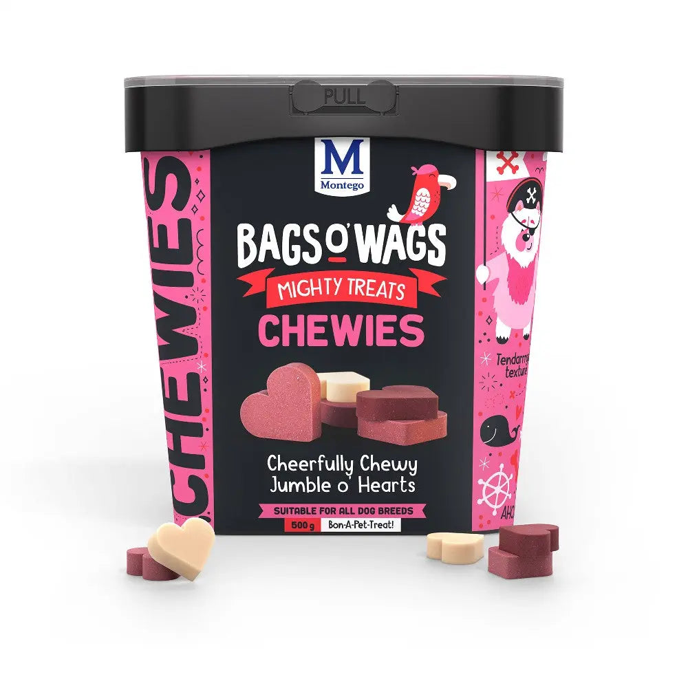 Bags o' Wags Mighty Treats Chewies in a colorful container, perfect for all dog breeds.