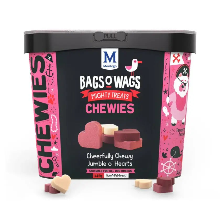 Bags o' Wags chewy dog treats in a colorful tub, perfect for all dog breeds.