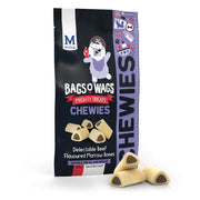 Beef-flavored marrow bone dog treats in a resealable packaging for all dog breeds.