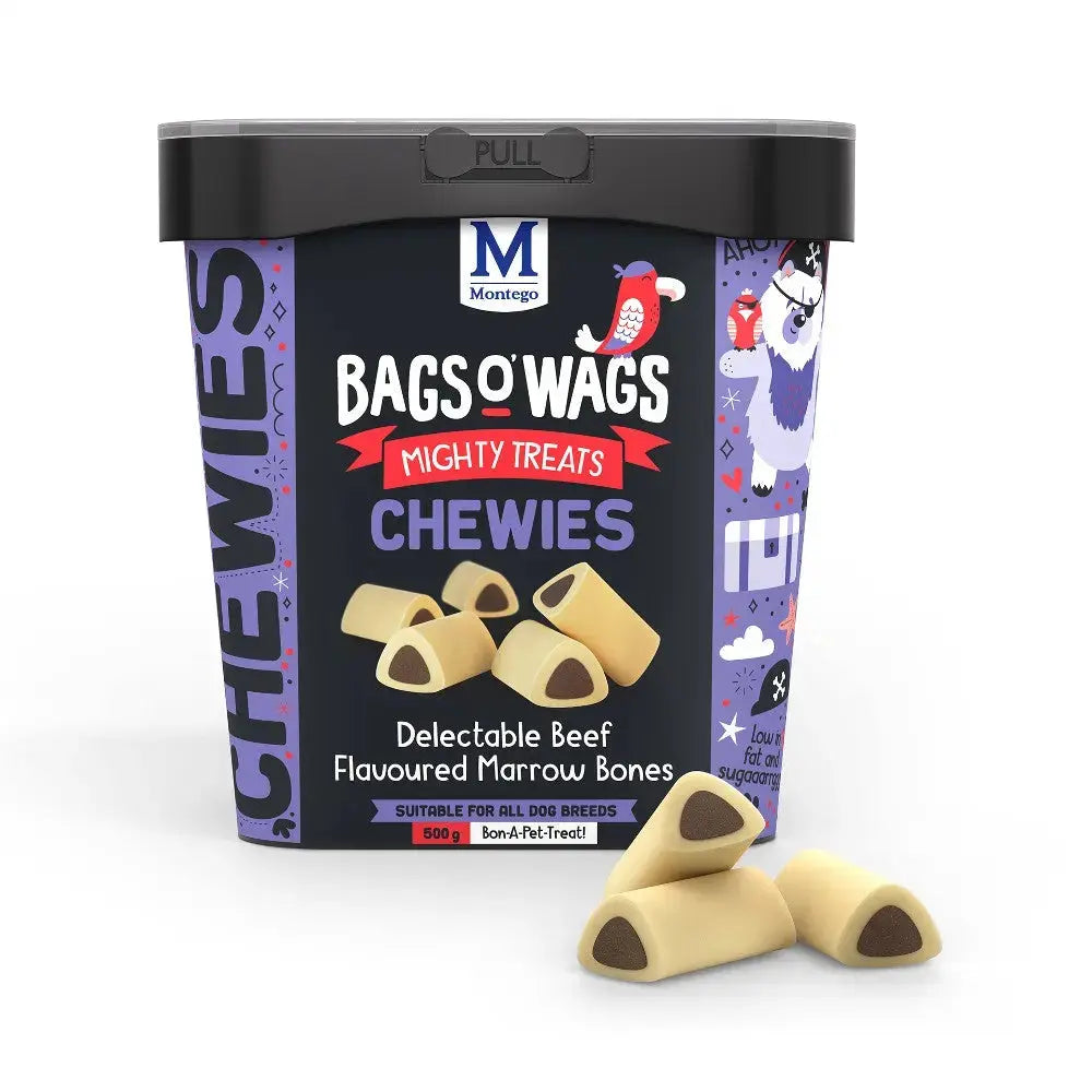 Bags O' Wags chewy dog treats in a colorful container, featuring beef-flavored marrow bones for all breeds.