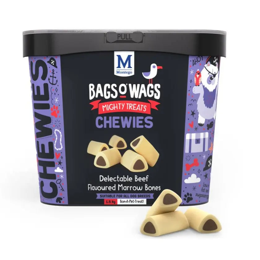 Beef-flavored marrow bones in a colorful treat container for dogs.