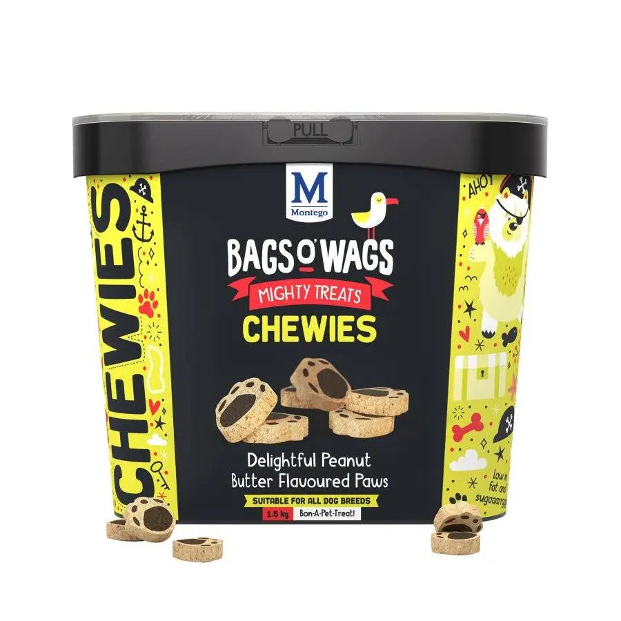 Peanut butter flavored dog treats in a colorful packaging, perfect for all dog breeds.