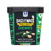 Bags O' Wags Chewies in a tub, mint and cream flavored treats for all dog breeds, 500g packaging.