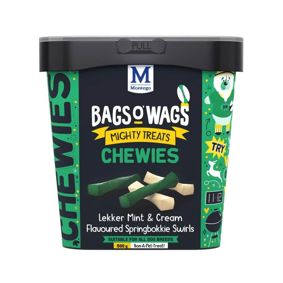 Bags O' Wags Chewies in a tub, mint and cream flavored treats for all dog breeds, 500g packaging.
