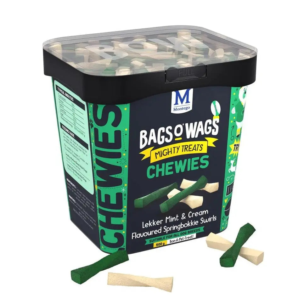 Mint and cream flavored dog chews in a resealable container for fresh treats.