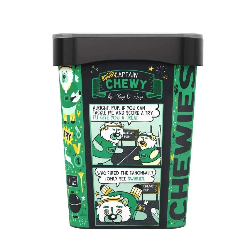 Captain Chewy dog treat container with playful graphics and fun instructions for pet owners.