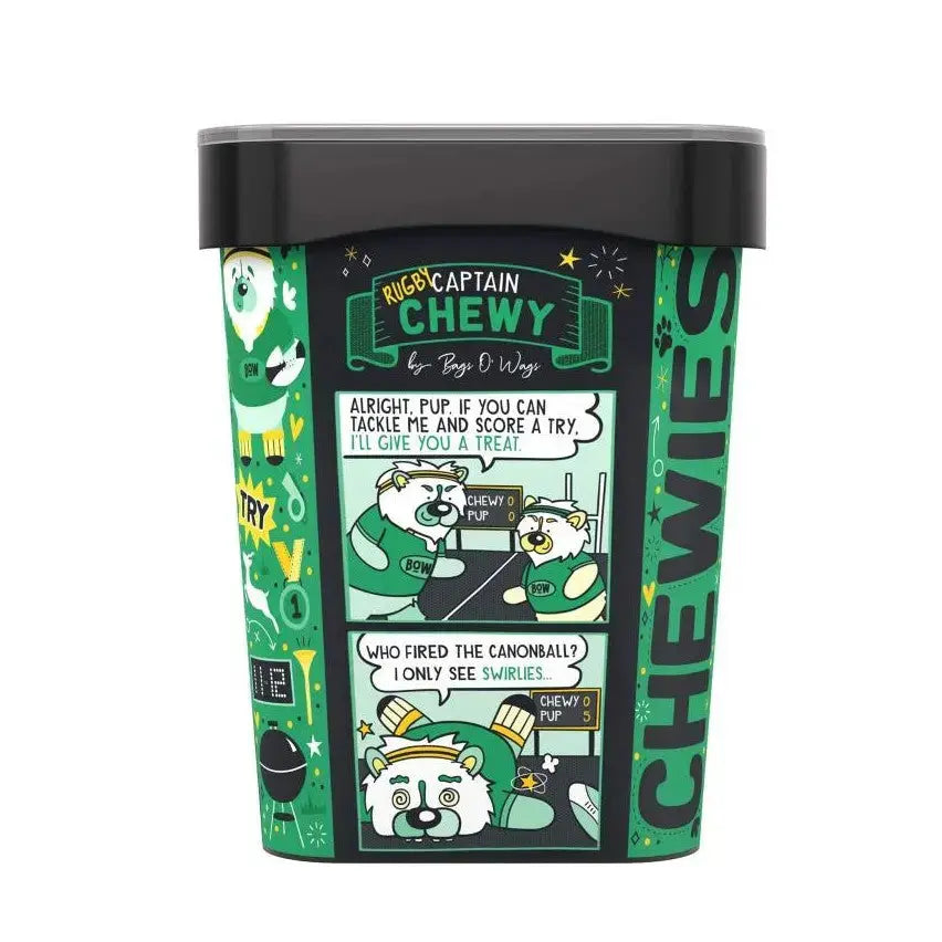 Captain Chewy dog treat container with playful graphics and fun instructions for pet owners.