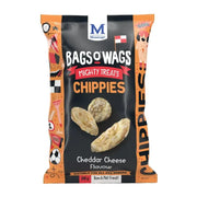 Cheddar cheese-flavored dog treats in a vibrant, eye-catching packaging.