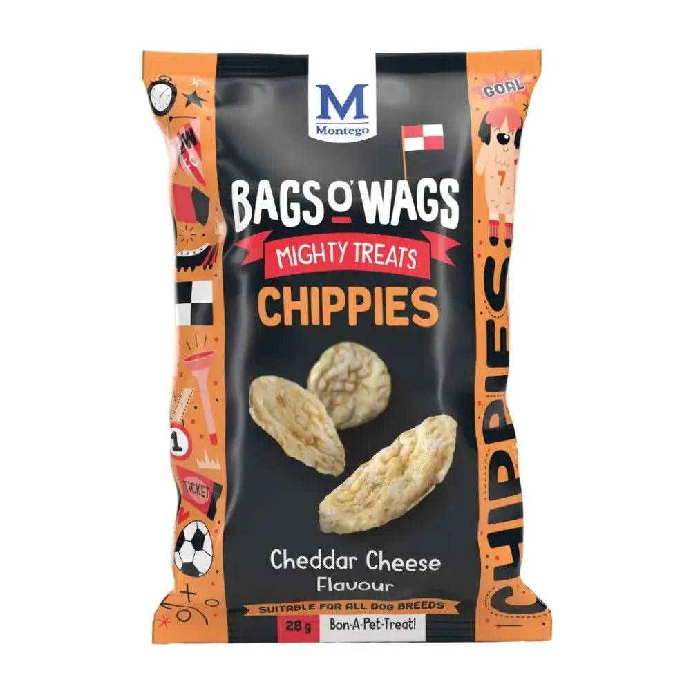 Cheddar cheese-flavored dog treats in a vibrant, eye-catching packaging.