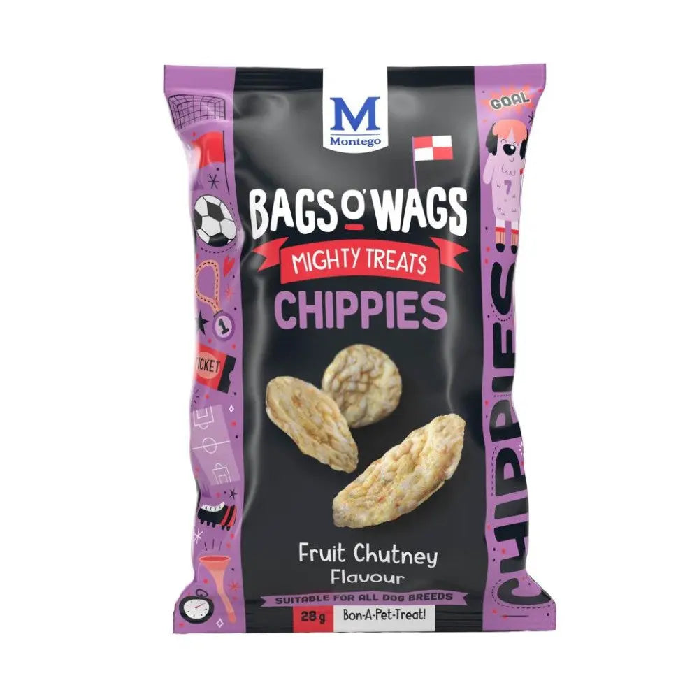 Bags o' Wags Chippies fruit chutney dog treats in a colorful, playful packaging.