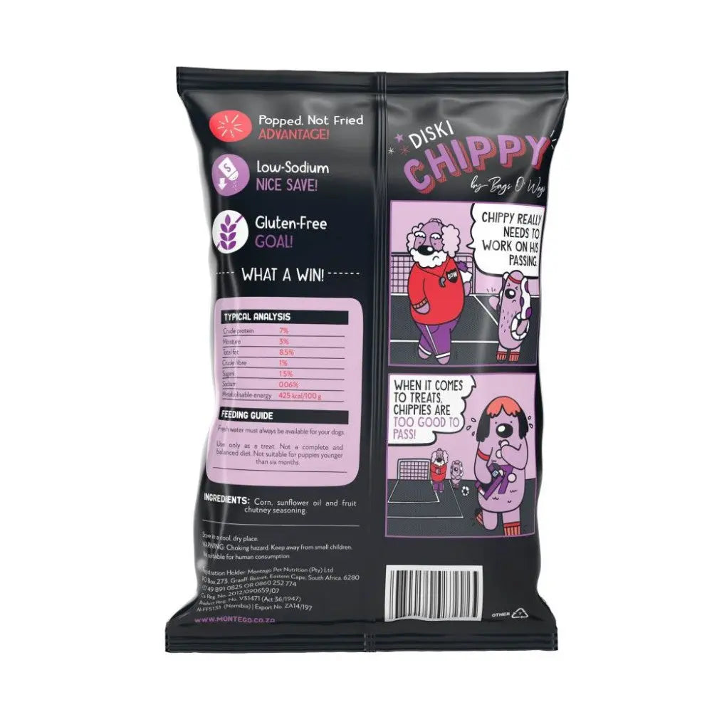 Chippy snack bag featuring low-sodium, gluten-free ingredients and a fun feeding guide.