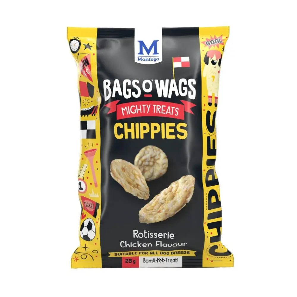 Rotisserie chicken-flavored dog treats in a colorful, fun packaging for all breeds.