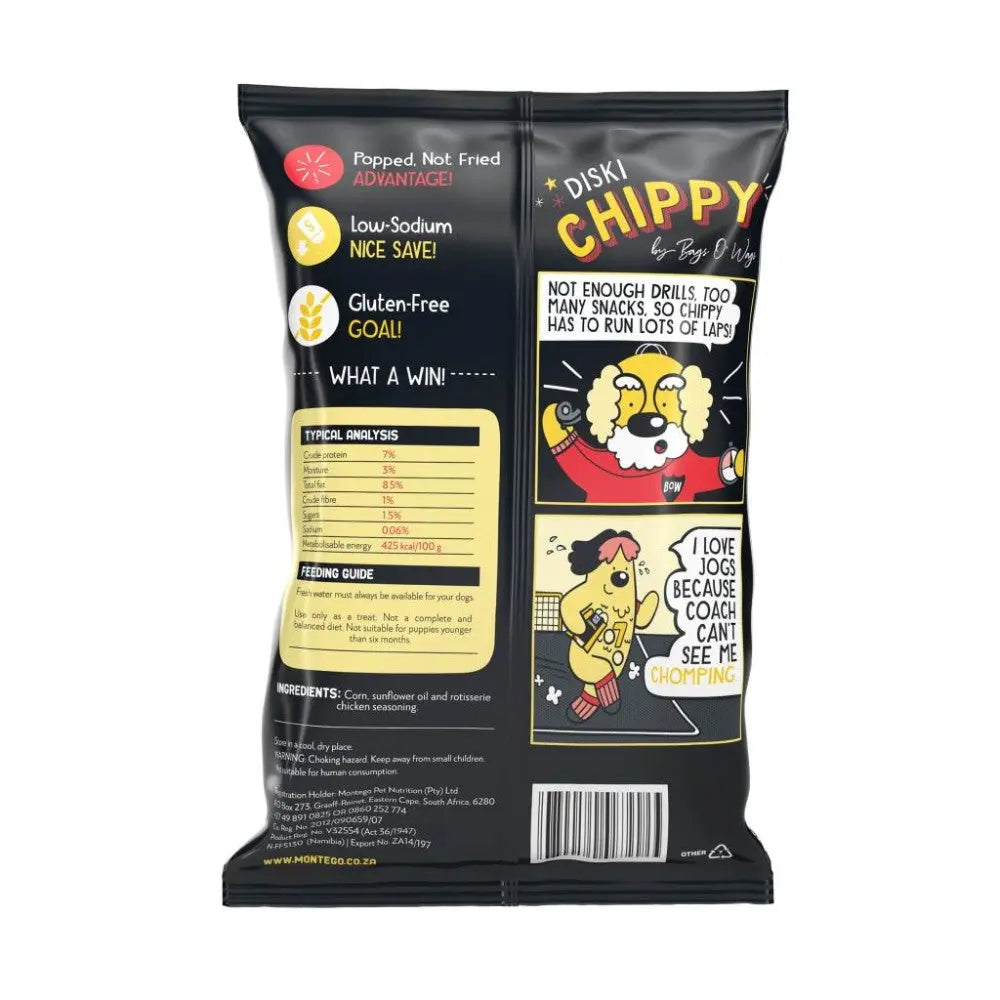Chippy snack bag featuring low-sodium, gluten-free ingredients and feeding guide for pets.