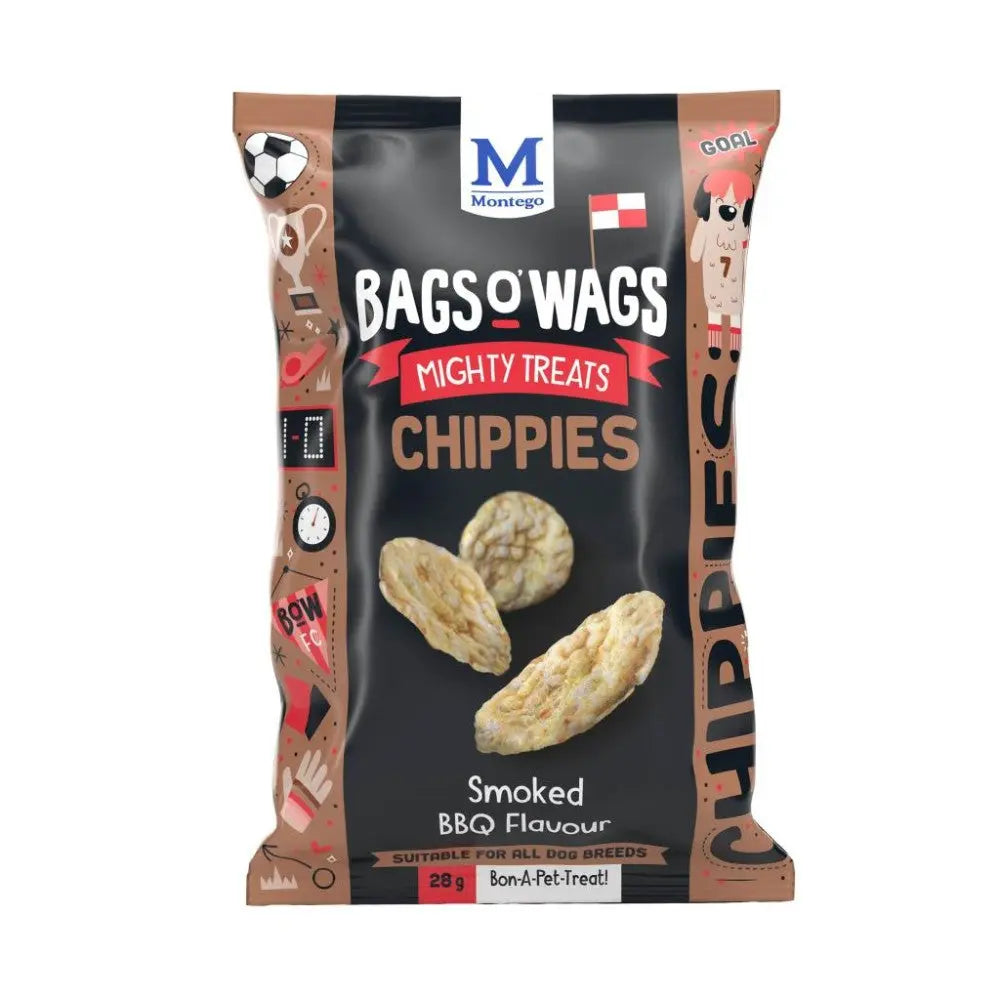 Bags o' Wags Chippies dog treats in smoked BBQ flavor, perfect for all dog breeds.