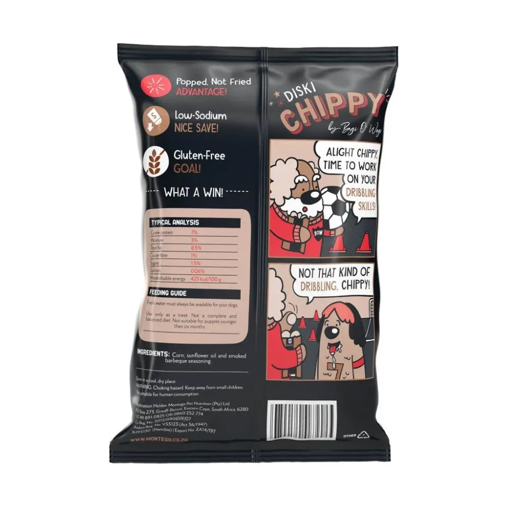 Gluten-free dog treat bag with nutritional info and playful cartoon design.