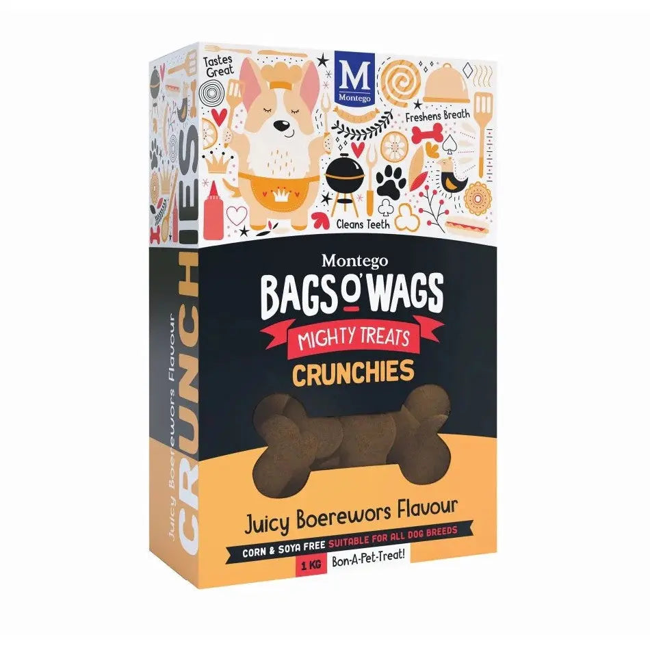 Montego Bags O' Wags Crunchies in Juicy Boerewors flavor, perfect treats for all dog breeds.