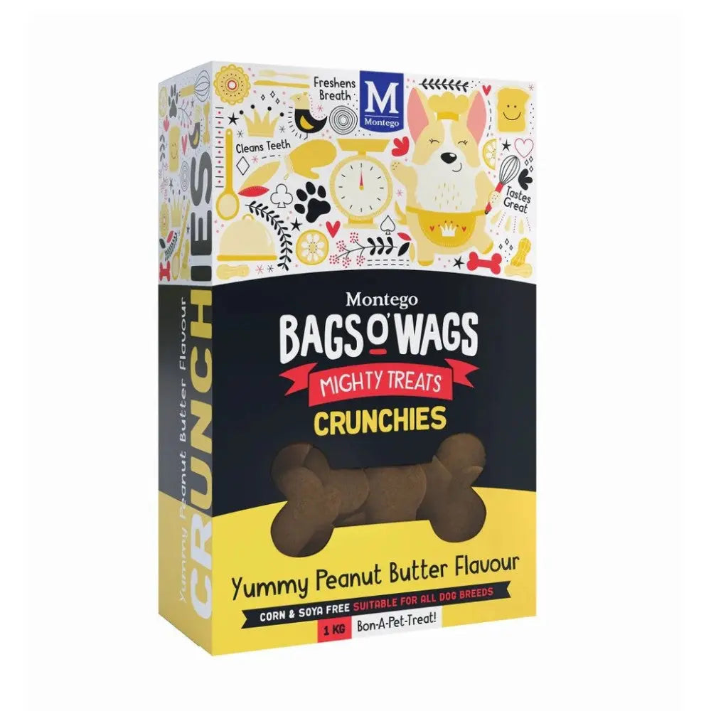 Peanut butter-flavored dog treats in a colorful, informative packaging box.