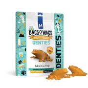 Mighty Treats DenTies for dogs, featuring fun frog shapes in a resealable bag for lasting freshness.