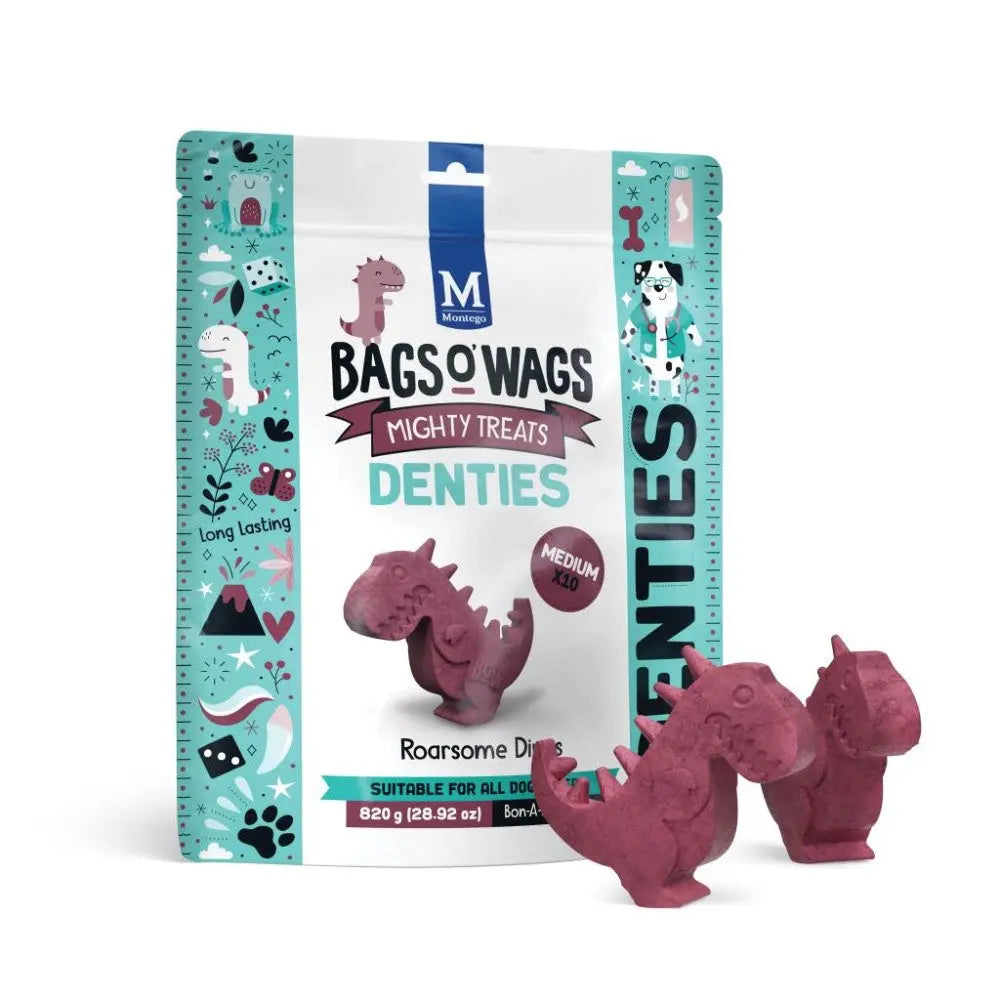 Bags o' Wags Mighty Treats Denties in dinosaur shapes, perfect for medium dogs and dental health.