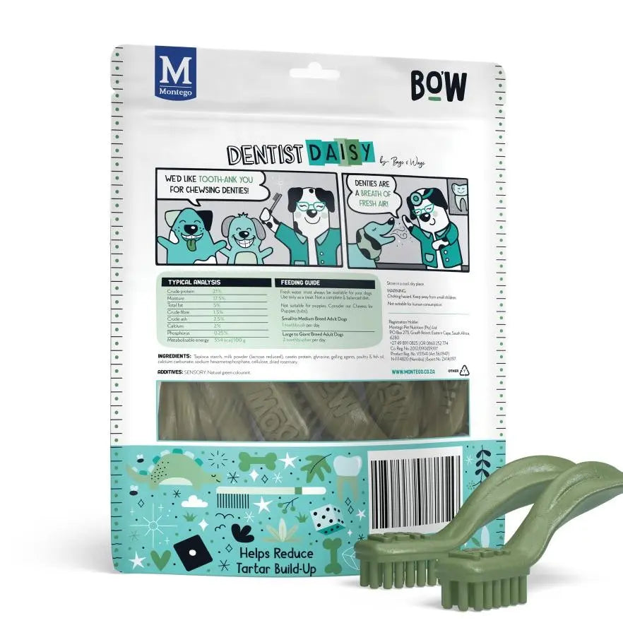 Dog dental chew bag with feeding guide and ingredients for tartar reduction.