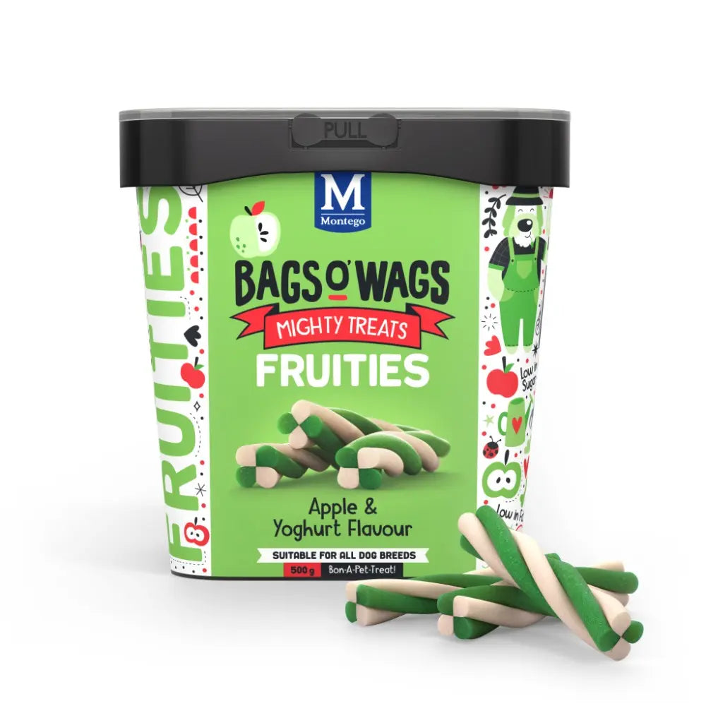 Apple and yoghurt-flavored dog treats in a colorful packaging, perfect for all dog breeds.