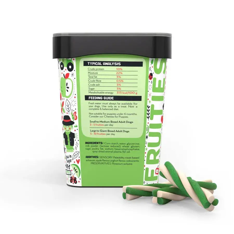 Dog treat container with feeding guide, ingredients, and nutritional analysis for healthy pet snacks.