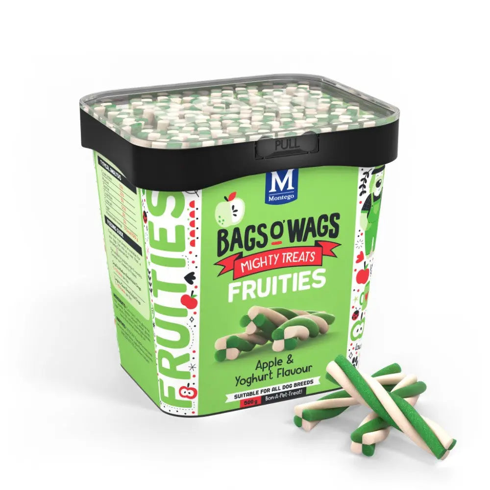 Bags O' Wags Fruities dog treats in apple and yogurt flavor, perfect for all dog breeds.