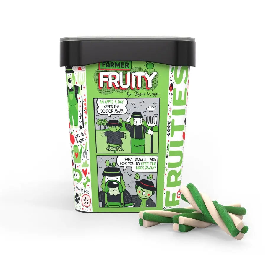Colorful fruit-themed packaging for Farmer Fruity, featuring playful illustrations and a fun feeding guide.