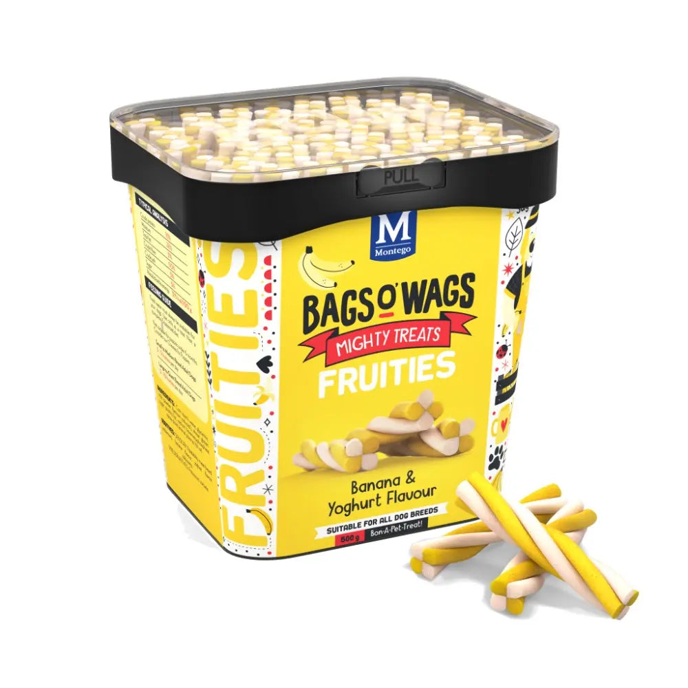 Bags O' Wags Fruities banana and yoghurt dog treats in a colorful container, perfect for all dog breeds.