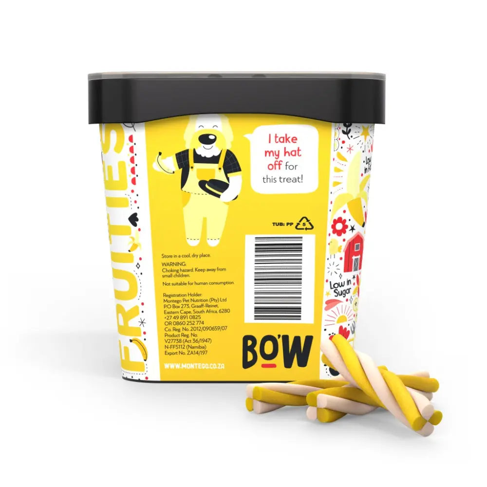 Colorful ice cream tub with playful design and treat sticks beside it.