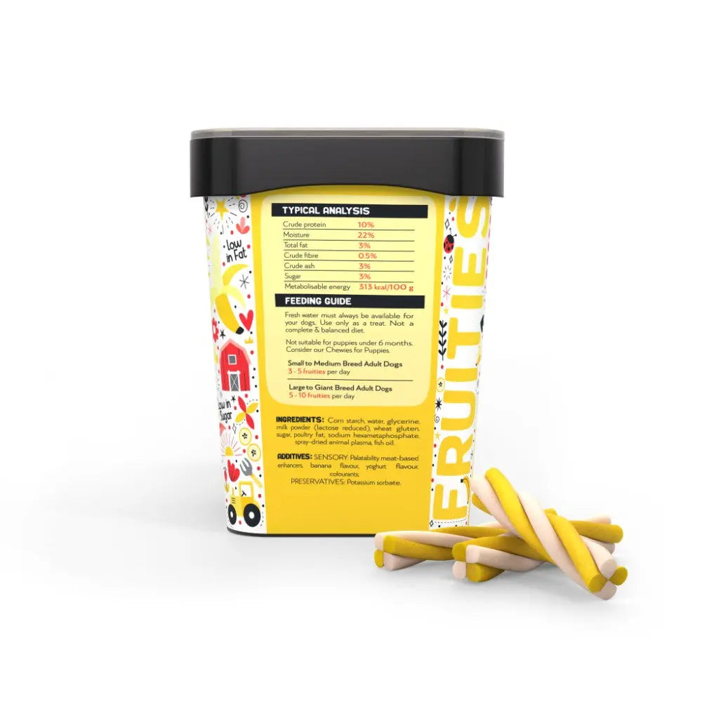 Colorful dog treat packaging with feeding guide and ingredient list for healthy pet snacks.