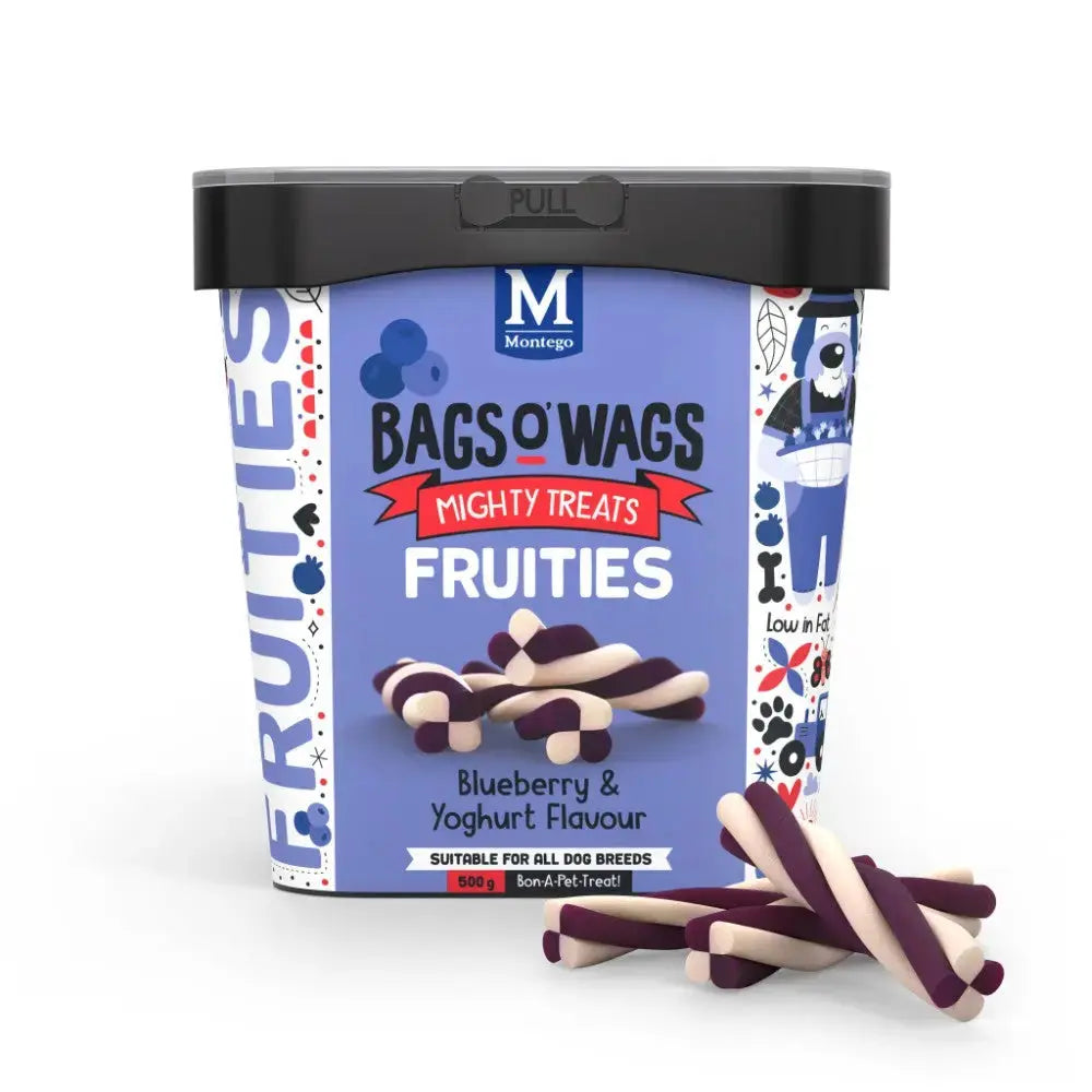 Blueberry and yogurt flavored dog treats in a resealable container for all dog breeds.