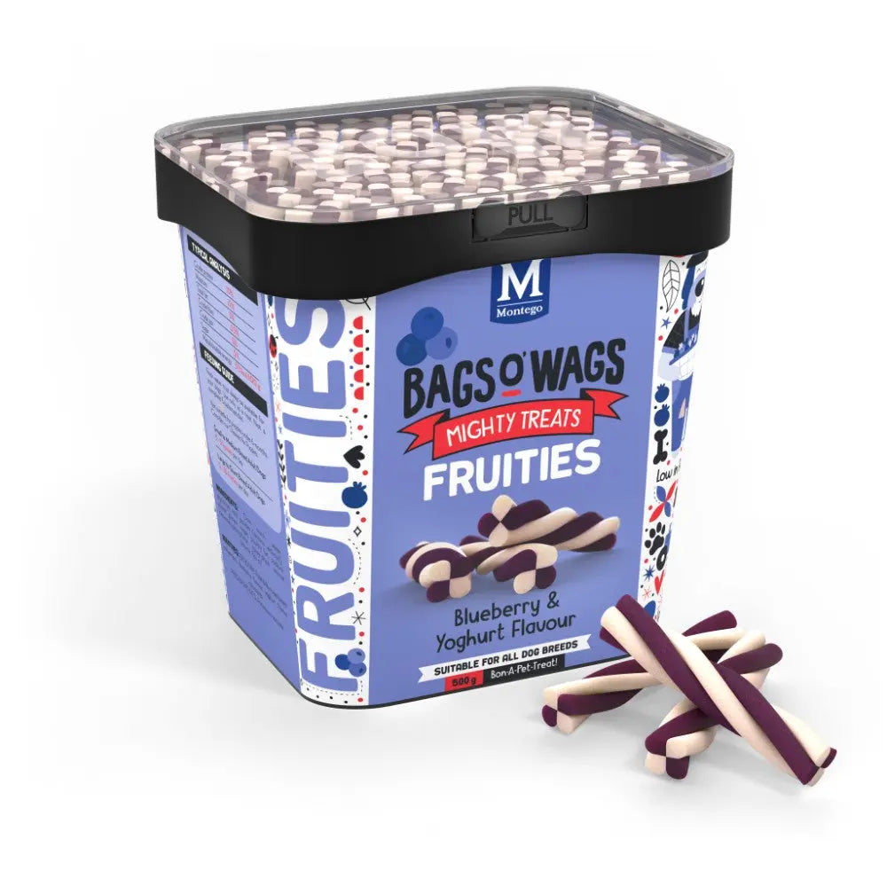 Blueberry and yogurt-flavored dog treats in a colorful container, perfect for all dog breeds.