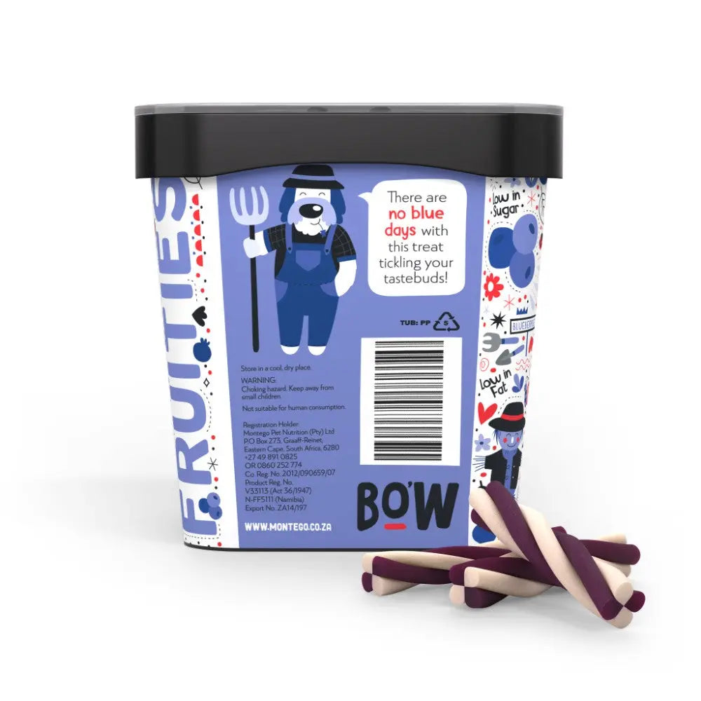 Colorful dog treat packaging featuring a playful design and clear ingredient information.